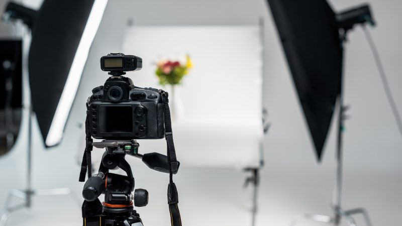 close-up view of professional photo camera in photo studio